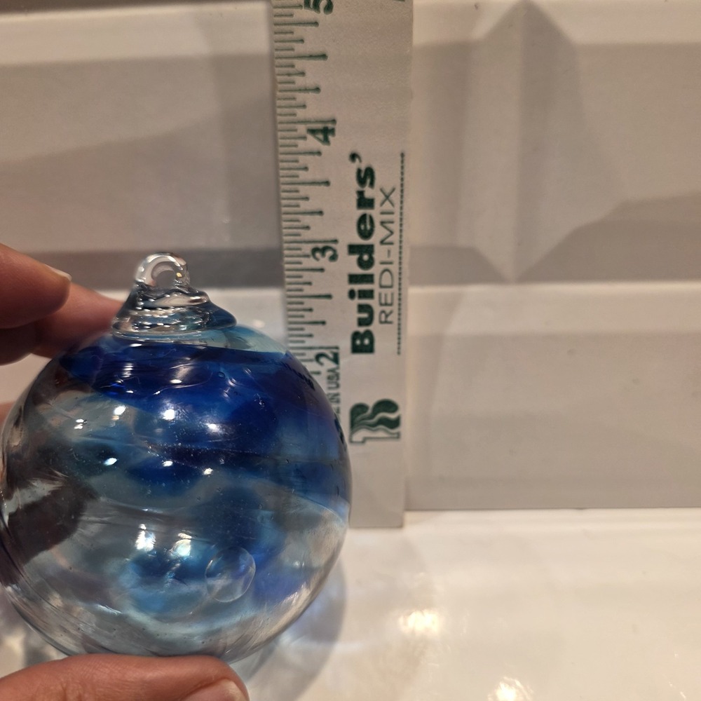 Set Of 2 Art Glass Hand Blown Christmas Ornament Orb Balls Blue Swirl & Multi - Picture 8 of 13